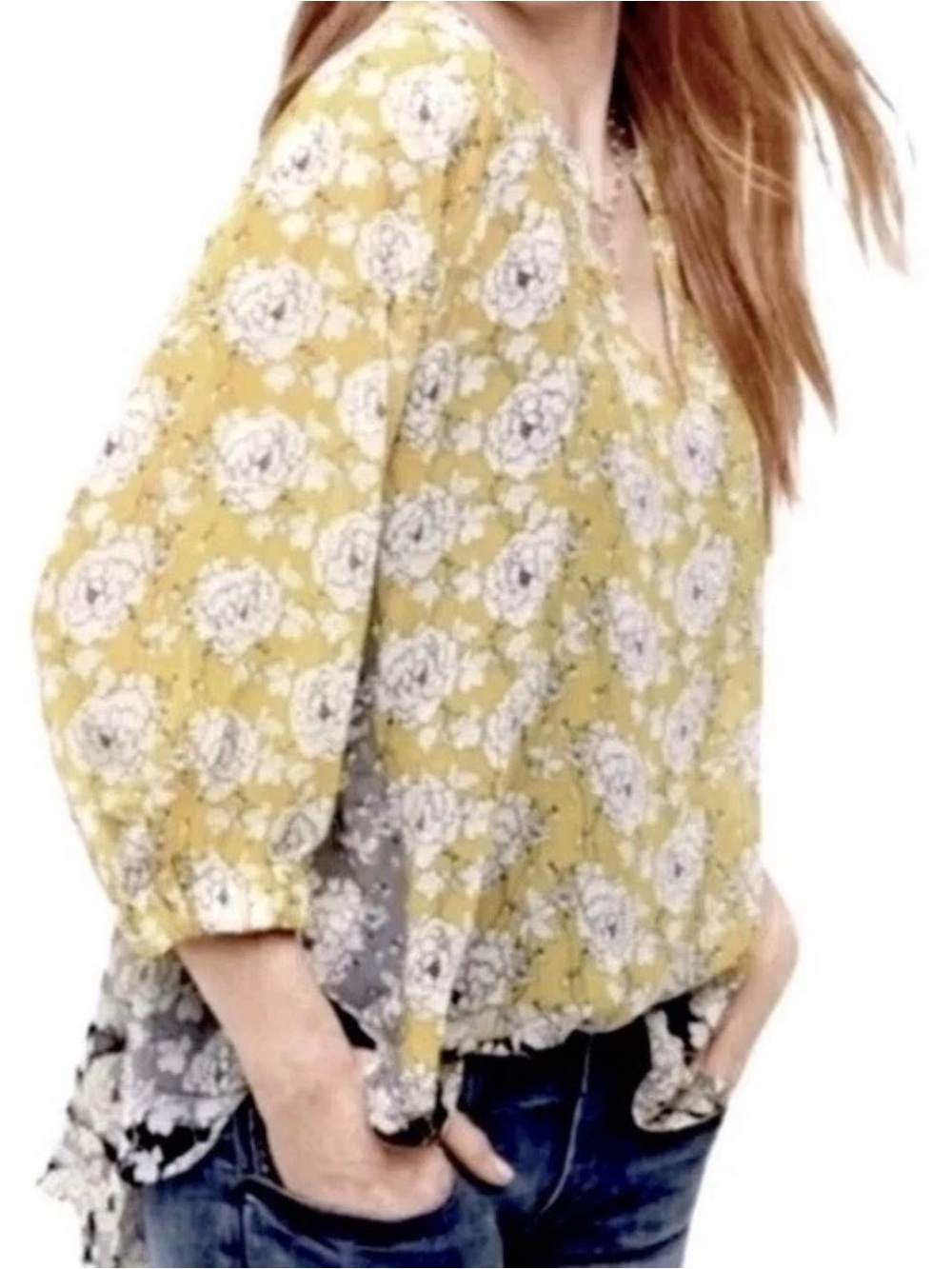 Cabi Amelia Gather Blouse Women’s L Yellow Floral Hi-Low Sheer Top Style 5713